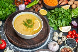 Basil cream and prawn tails with whoilemeal bread croutons