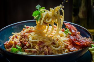 Chilli noodles with bacon,broccoli,cherry tomatoes and pecorino